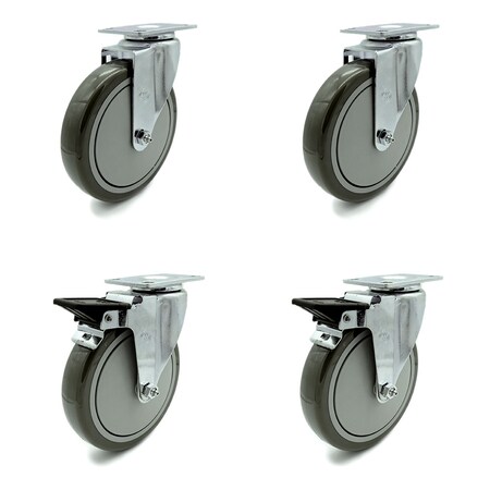 Service Caster 6 Inch Gray Polyurethane Wheel Swivel Top Plate Caster Set with 2 Brakes SCC SCC-20S614-PPUB-2-PLB-2